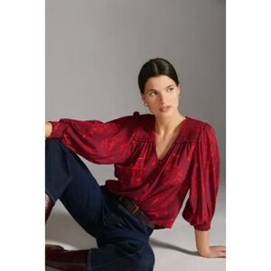 Emily Isabella Womens Button Up Blouse Pink Puff Sleeve Size M Casual Feminine